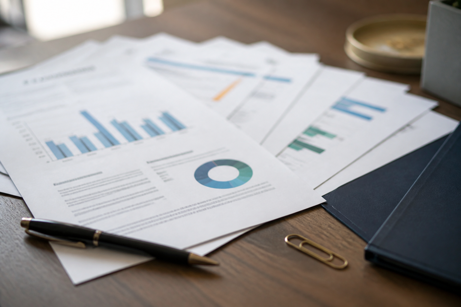 Printed sample assessment reports on a desk