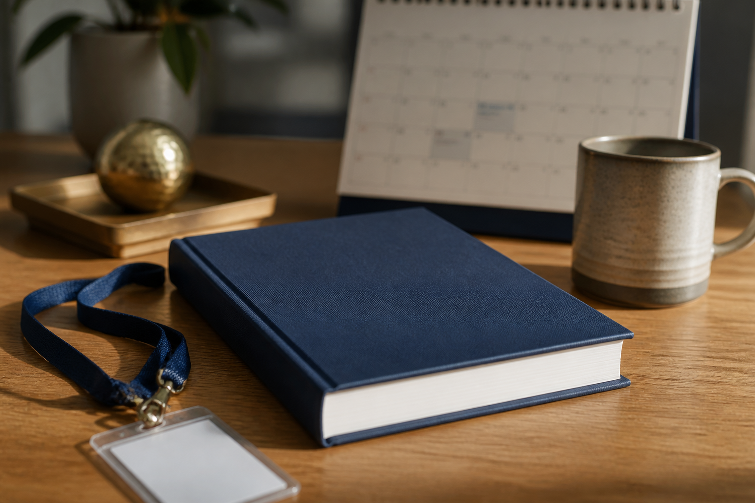 Still life of a lanyard, closed workbook, mug, and blurred calendar on a desk