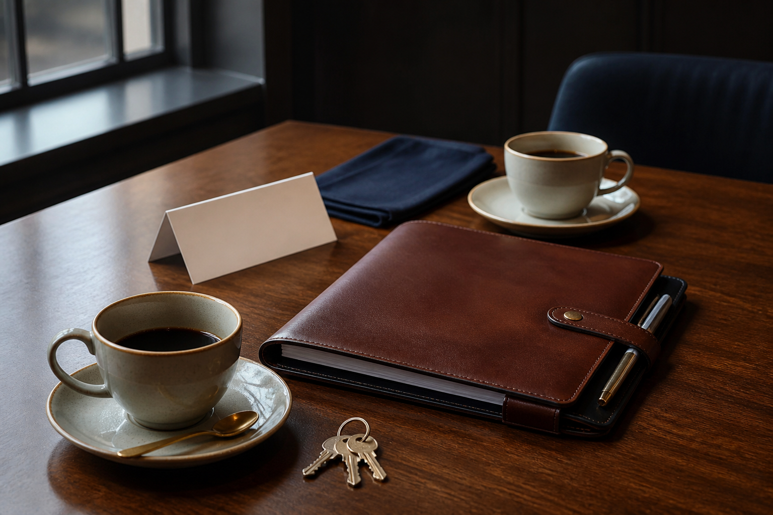Still life of two coffee cups, a shared portfolio, keys, and a blank name tent
