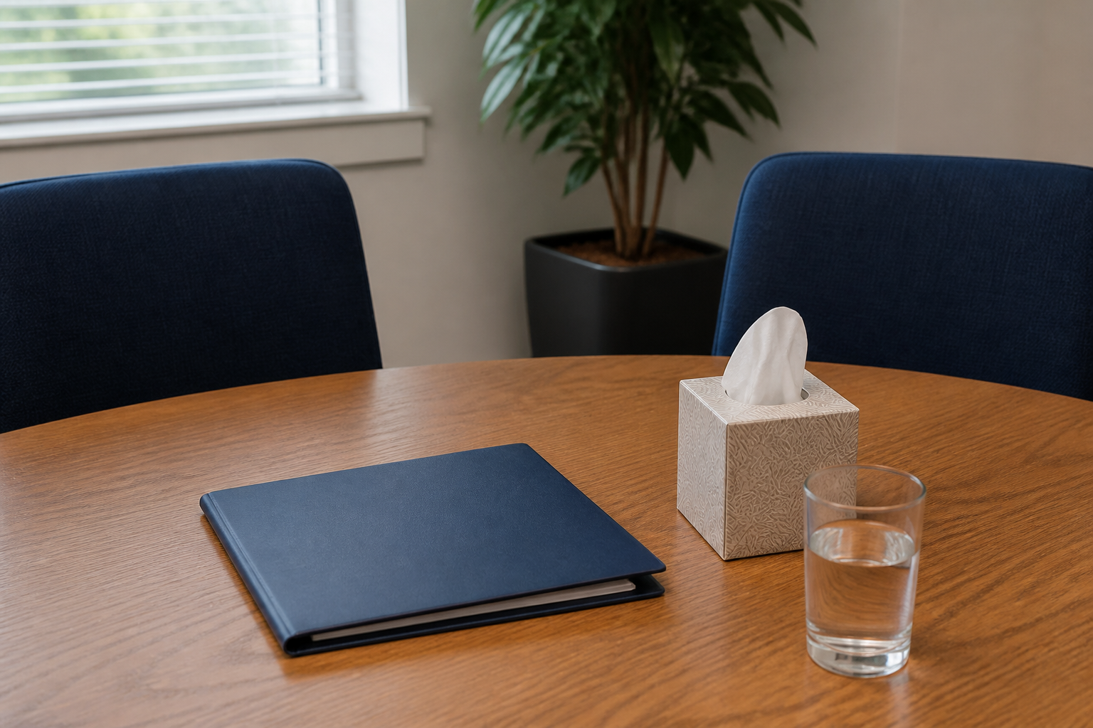 Still life of an empty meeting table, two chair backs, a closed folder, and a glass of water