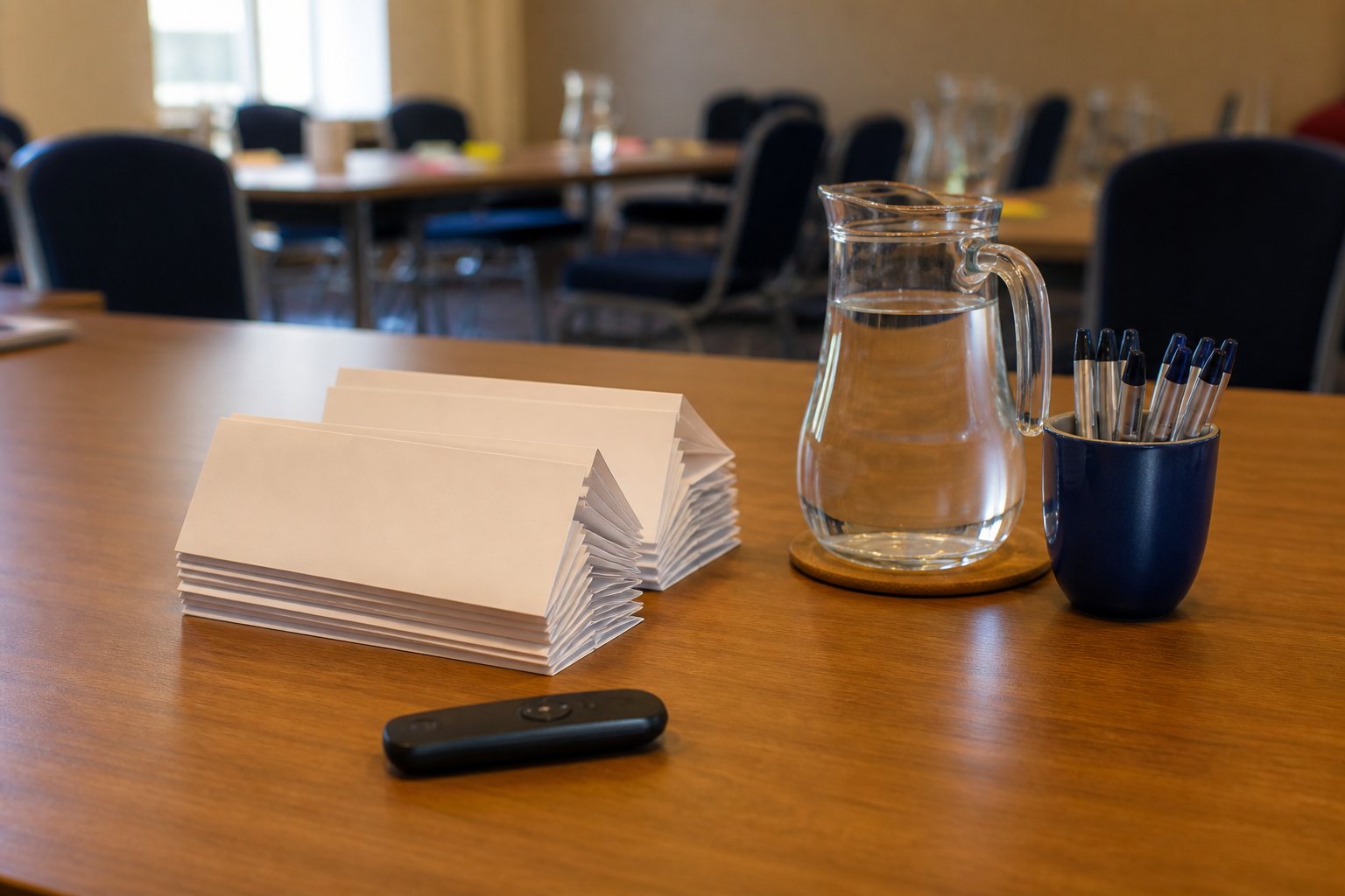 Still life of stacked workshop name tents, a clicker, a water jug, and spare pens