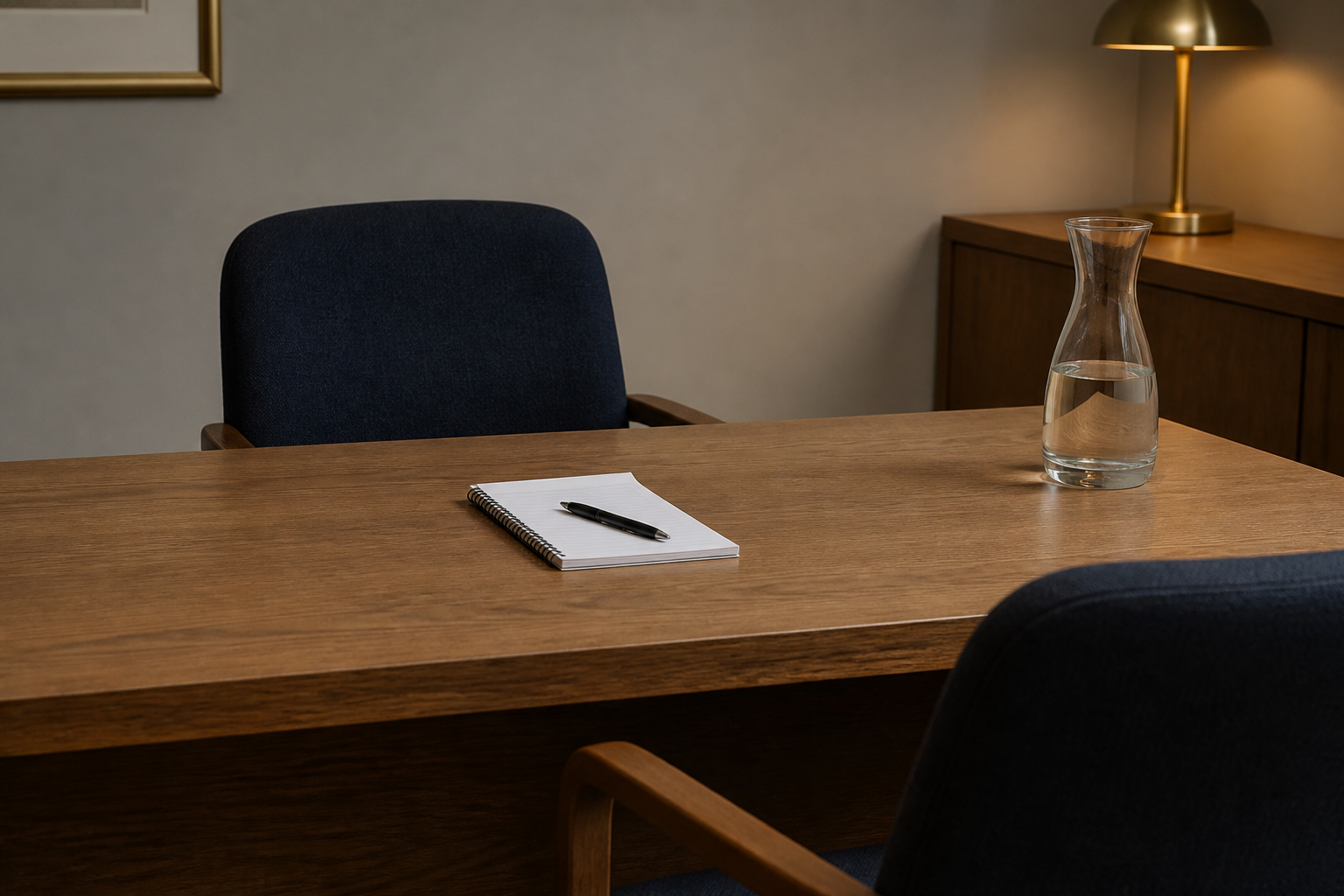 Still life of an empty interview chair, notepad, pen, and a glass carafe