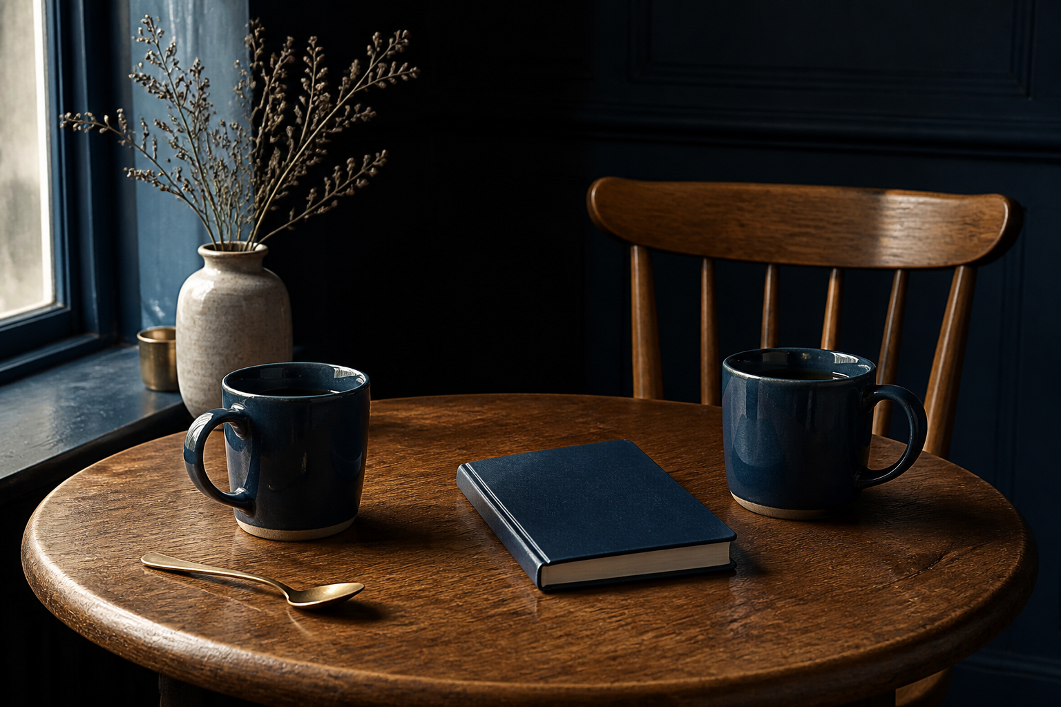Still life of two mugs facing each other across a table with a closed notebook between them