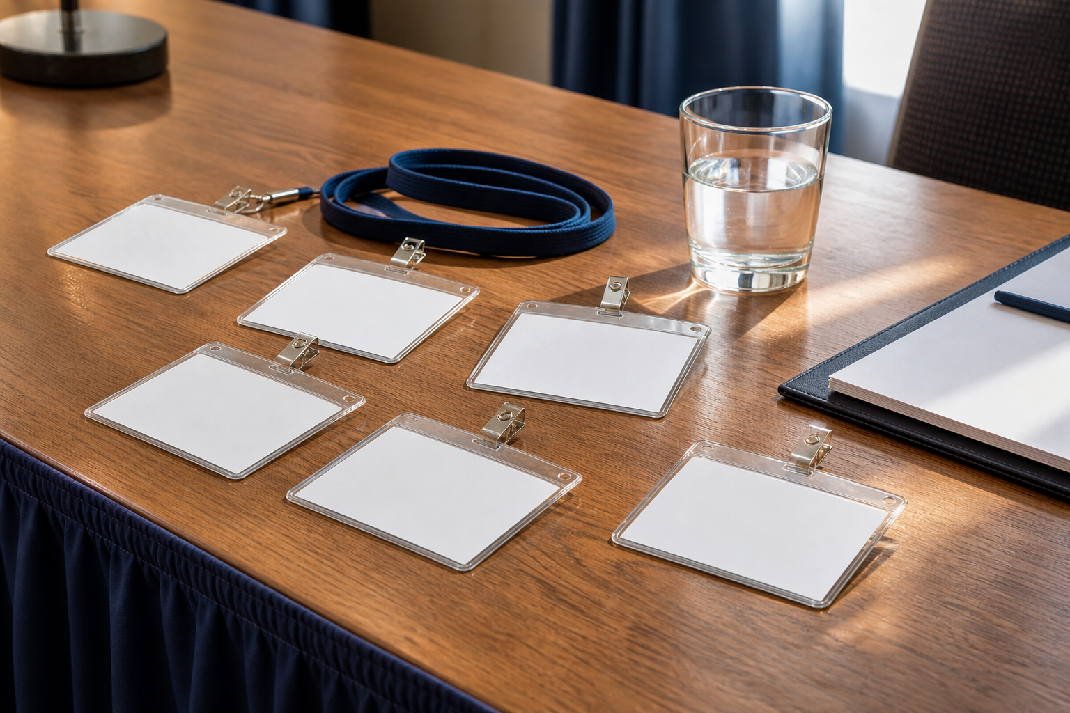 Workshop name badges and a lanyard on a conference table